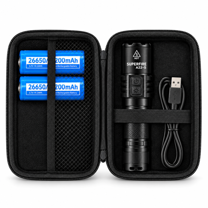 SUPERFIRE A22-S Tactical Flashlight with AC-26 Dual Charger